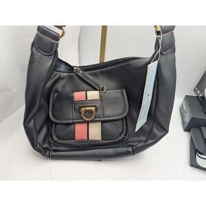 Tommy Hilfiger RARE VTG Black Pebble Leather Hobo Bag NWT Striped Accent Gold